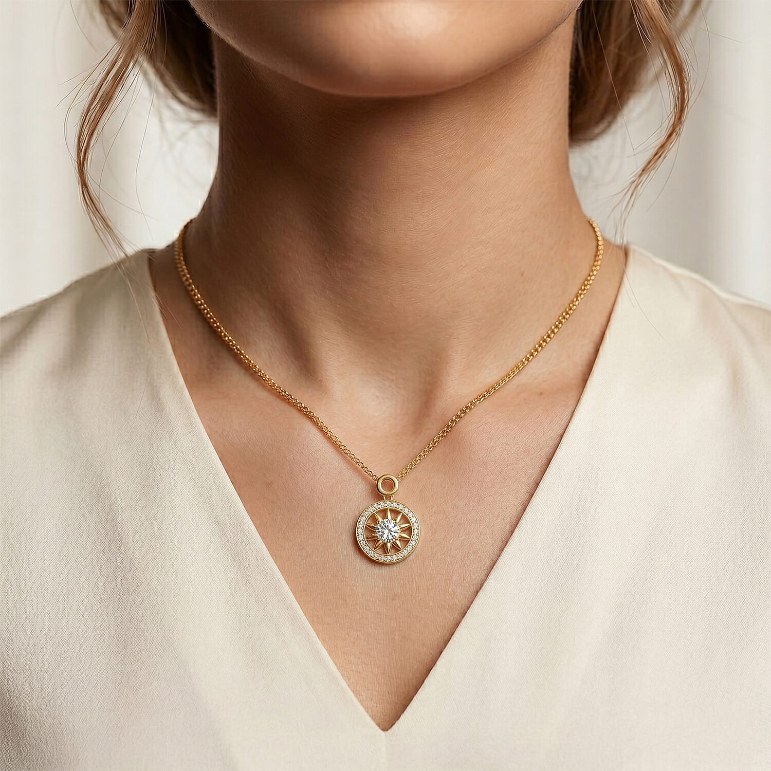 GRA Certified (D-VVS1) Moissanite Sunburst Pendant with Chain (Size 18) in Yellow Gold Plated Sterling Silver 1.20 Ct.