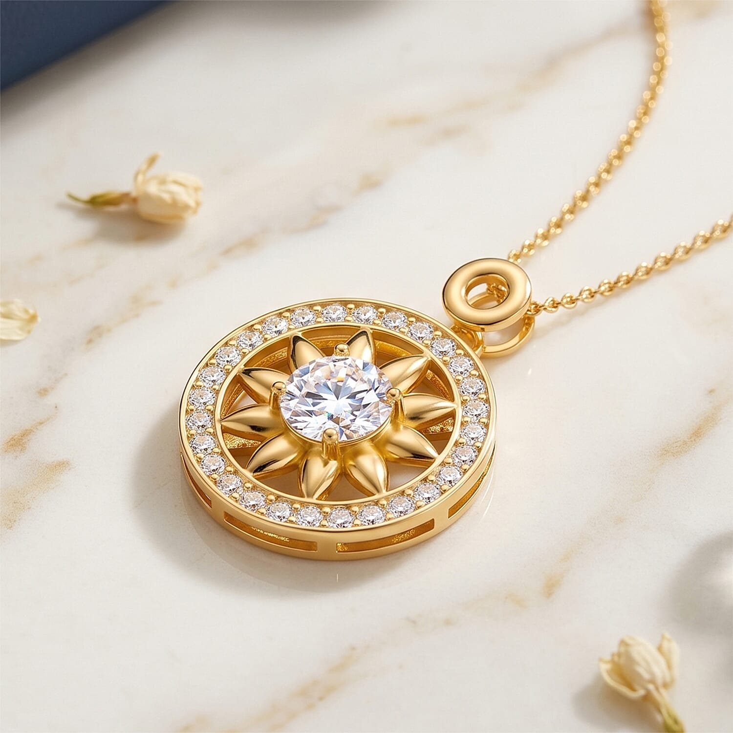 GRA Certified (D-VVS1) Moissanite Sunburst Pendant with Chain (Size 18) in Yellow Gold Plated Sterling Silver 1.20 Ct.