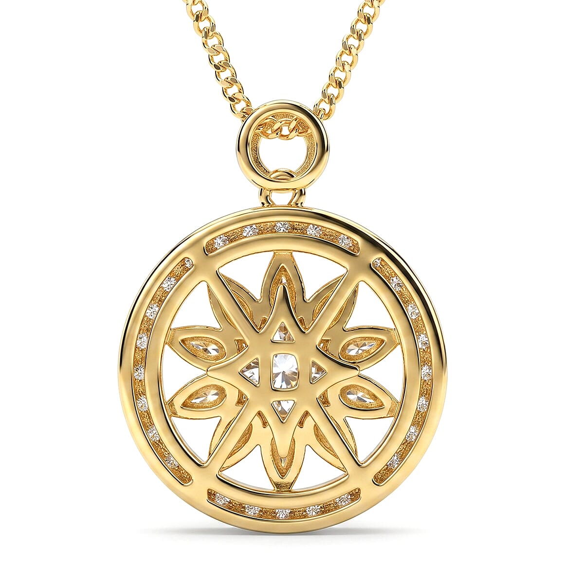GRA Certified (D-VVS1) Moissanite Sunburst Pendant with Chain (Size 18) in Yellow Gold Plated Sterling Silver 1.20 Ct.