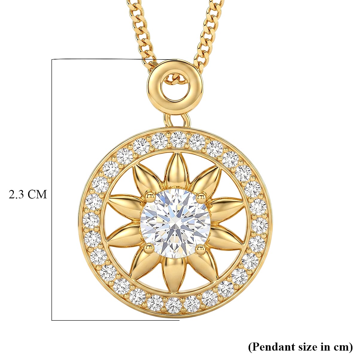 GRA Certified (D-VVS1) Moissanite Sunburst Pendant with Chain (Size 18) in Yellow Gold Plated Sterling Silver 1.20 Ct.