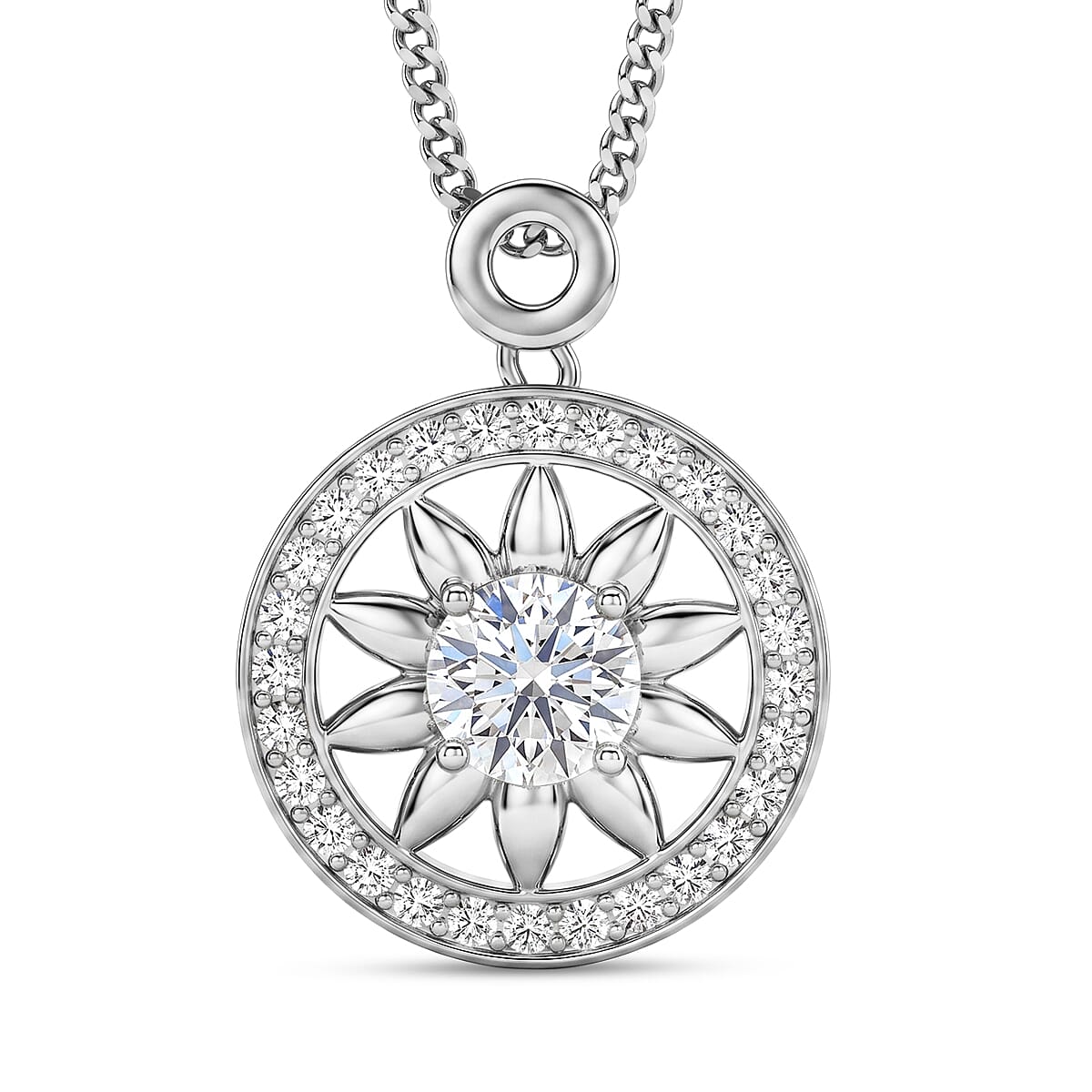 GRA Certified Moissanite Sunburst Pendant with Chain (Size 18) in Rhodium Overlay Sterling Silver 1.20 Ct.