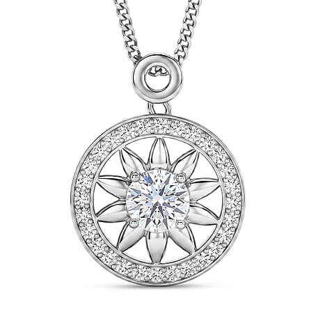 GRA Certified Moissanite Sunburst Pendant with Chain (Size 18) in Rhodium Overlay Sterling Silver 1.20 Ct.