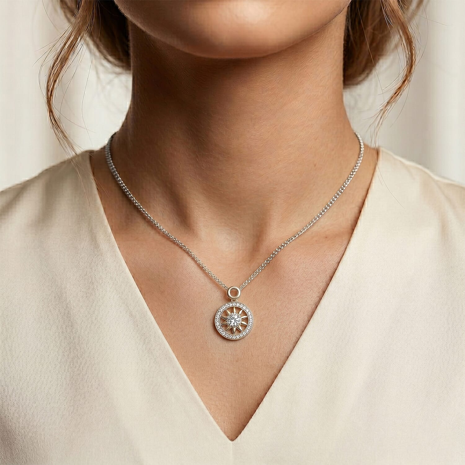 GRA Certified Moissanite Sunburst Pendant with Chain (Size 18) in Rhodium Overlay Sterling Silver 1.20 Ct.