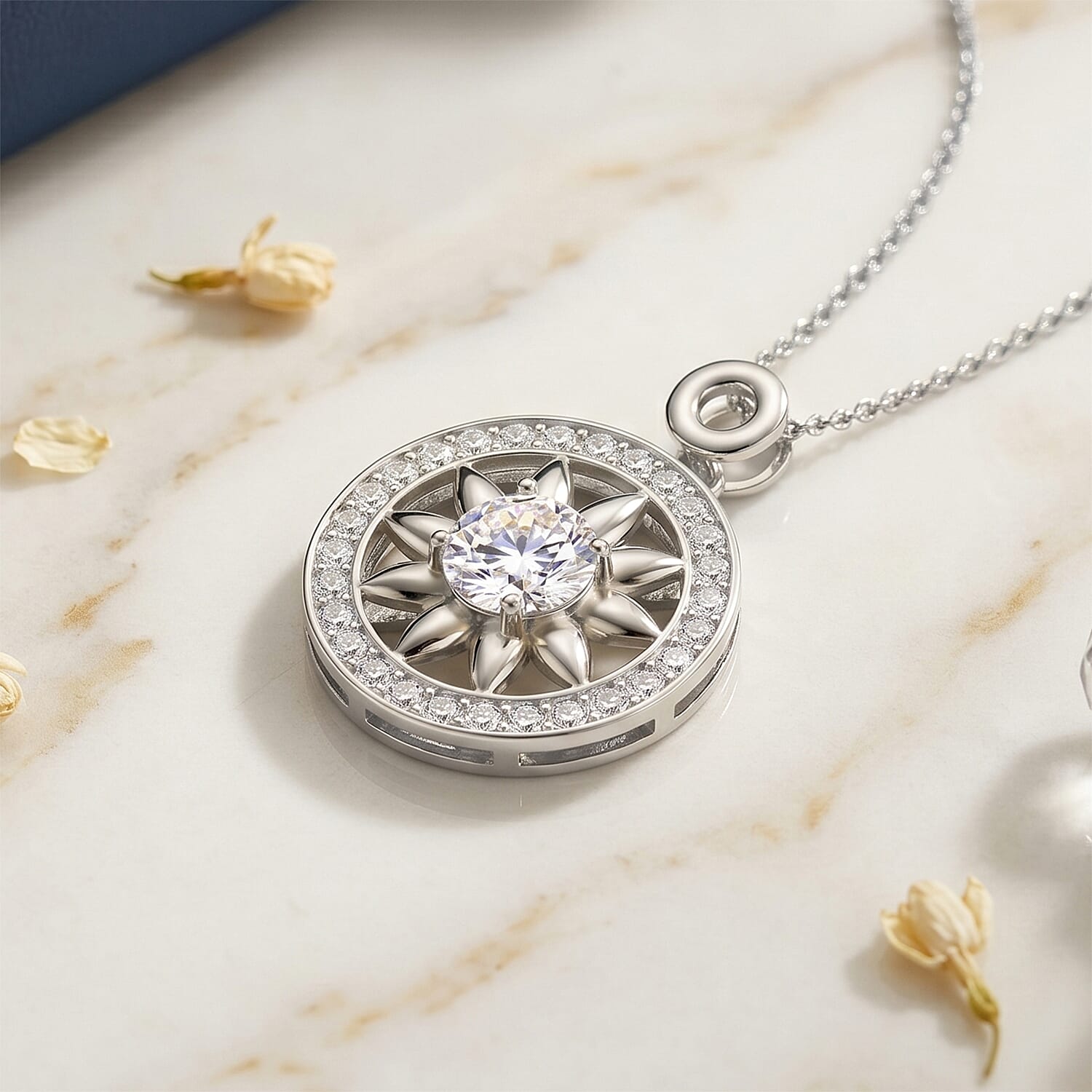 GRA Certified Moissanite Sunburst Pendant with Chain (Size 18) in Rhodium Overlay Sterling Silver 1.20 Ct.