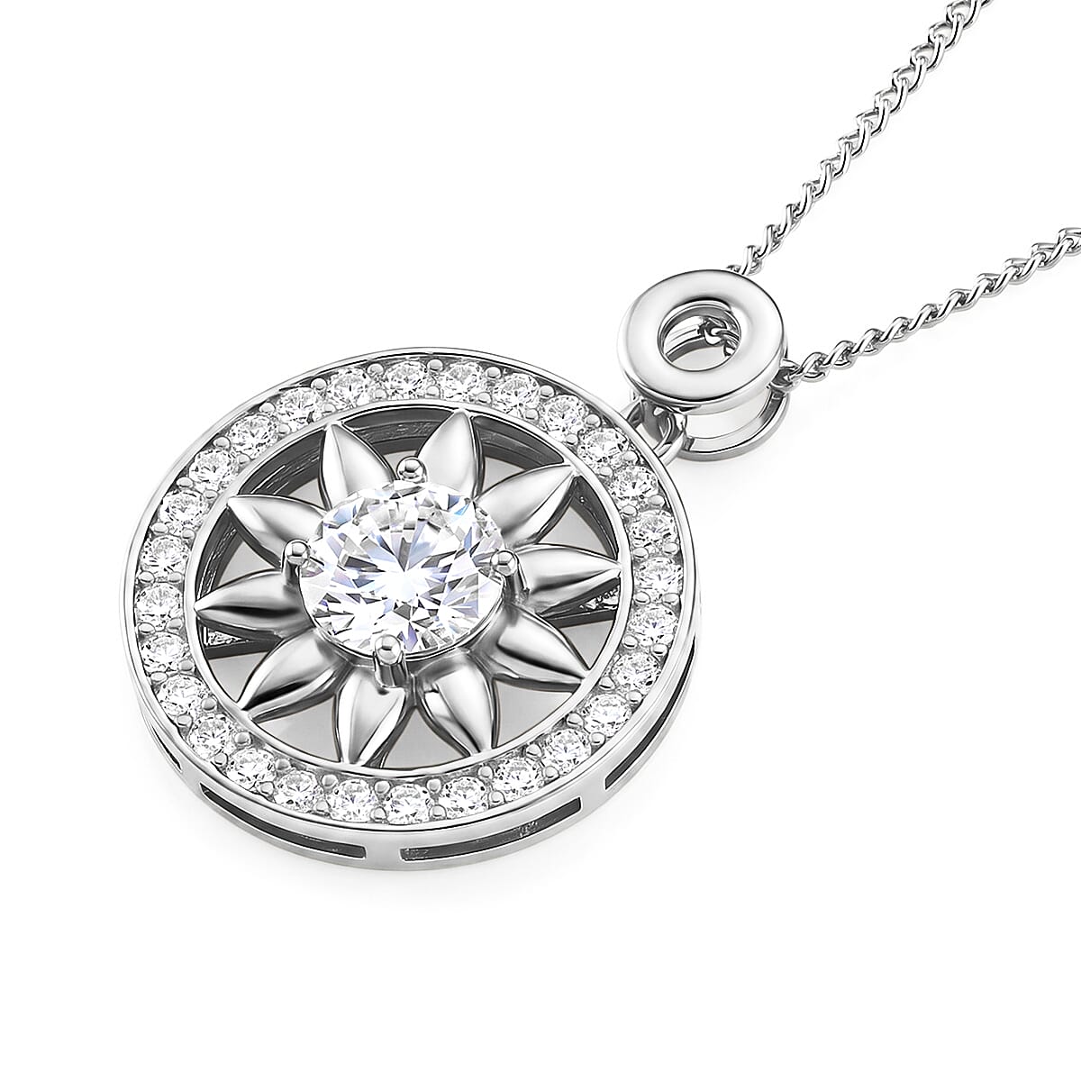 GRA Certified Moissanite Sunburst Pendant with Chain (Size 18) in Rhodium Overlay Sterling Silver 1.20 Ct.