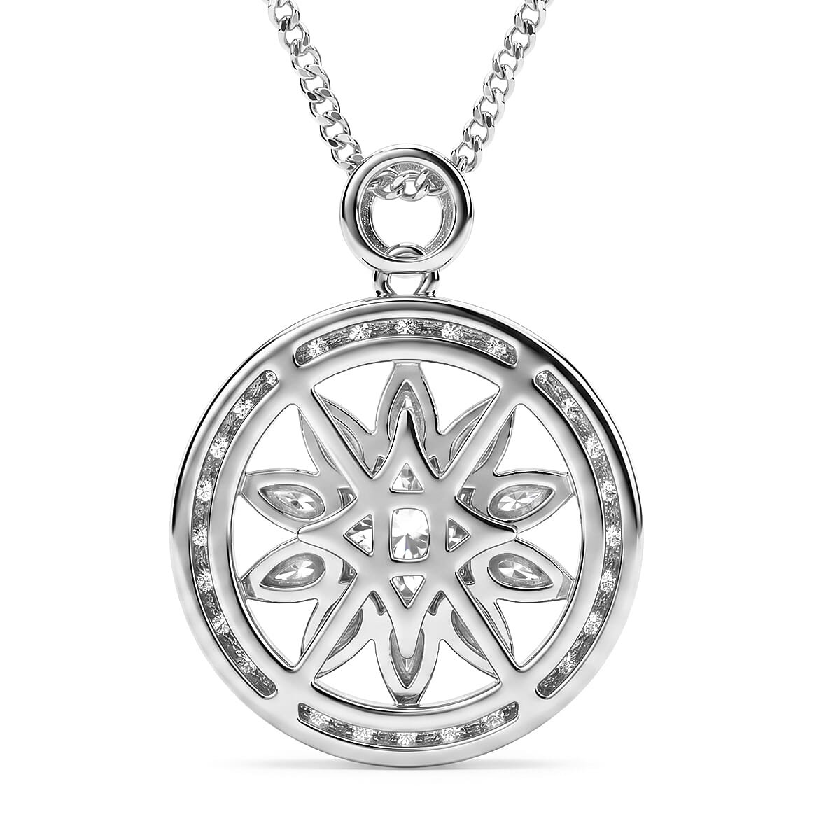 GRA Certified Moissanite Sunburst Pendant with Chain (Size 18) in Rhodium Overlay Sterling Silver 1.20 Ct.