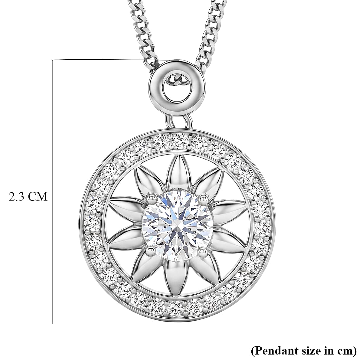 GRA Certified Moissanite Sunburst Pendant with Chain (Size 18) in Rhodium Overlay Sterling Silver 1.20 Ct.