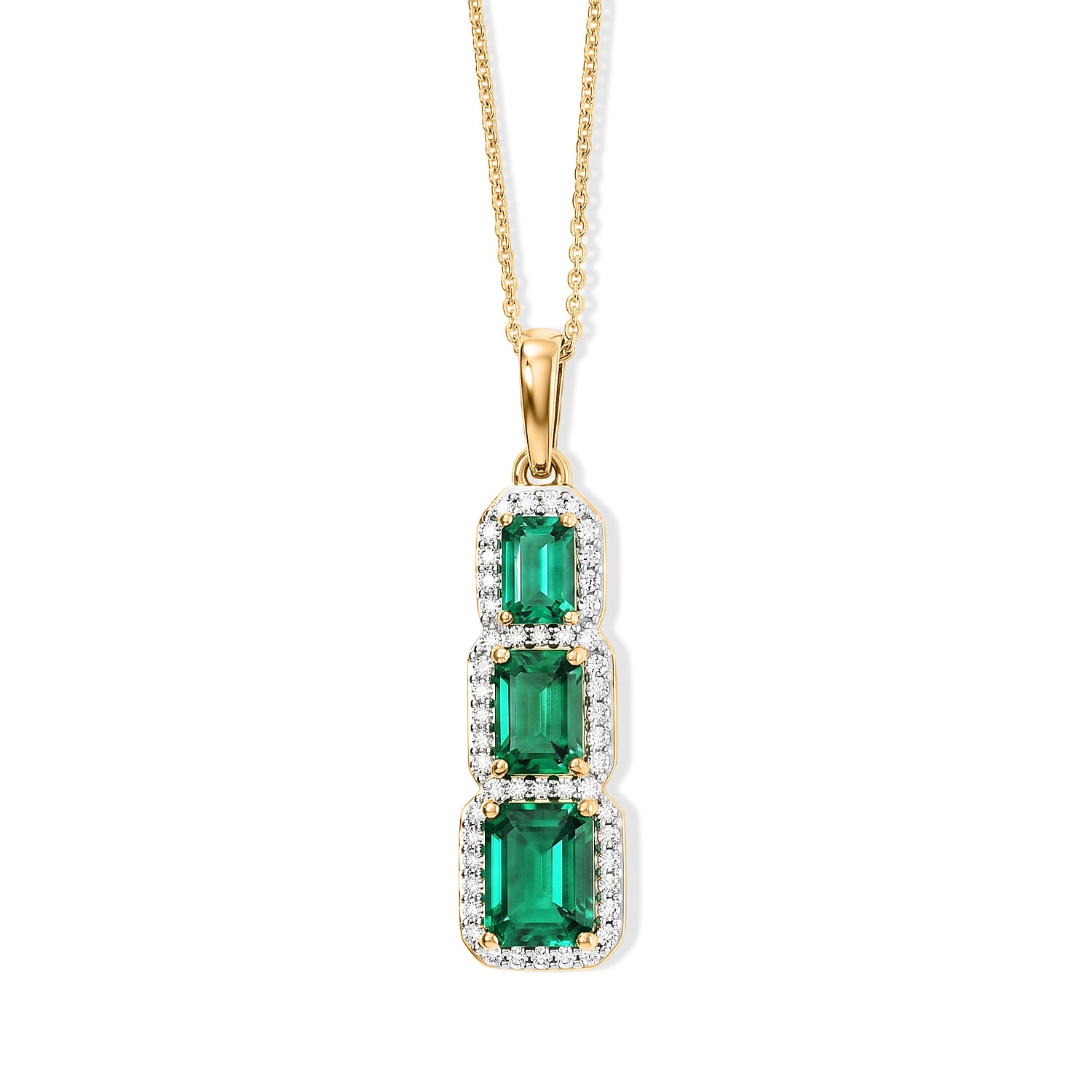 Luxuriant - Lab Grown Columbian Emerald & Lab Grown Diamond (SI-G-H) Pendant with Chain (Size 20) in 18K Vermeil Yellow Gold Plated Sterling Silver 3.20 Ct.