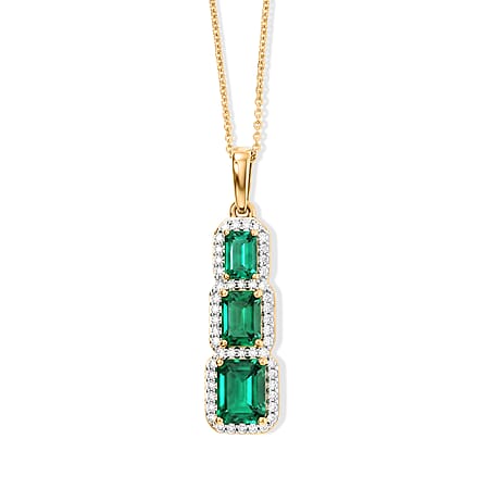 Lab Grown Columbian Emerald & Lab Grown Diamond (SI-G-H) Trilogy Halo Pendant with Chain (Size 20) in 18K Vermeil Yellow Gold Plated Sterling Silver 3.20 Ct. Lab Grown Columbian Emerald & Lab Grown Diamond (SI-G-H) Trilogy Halo Pendant with Chain (Size 20) in 18K Vermeil Yellow Gold Plated Sterling Silver 3.20 Ct.