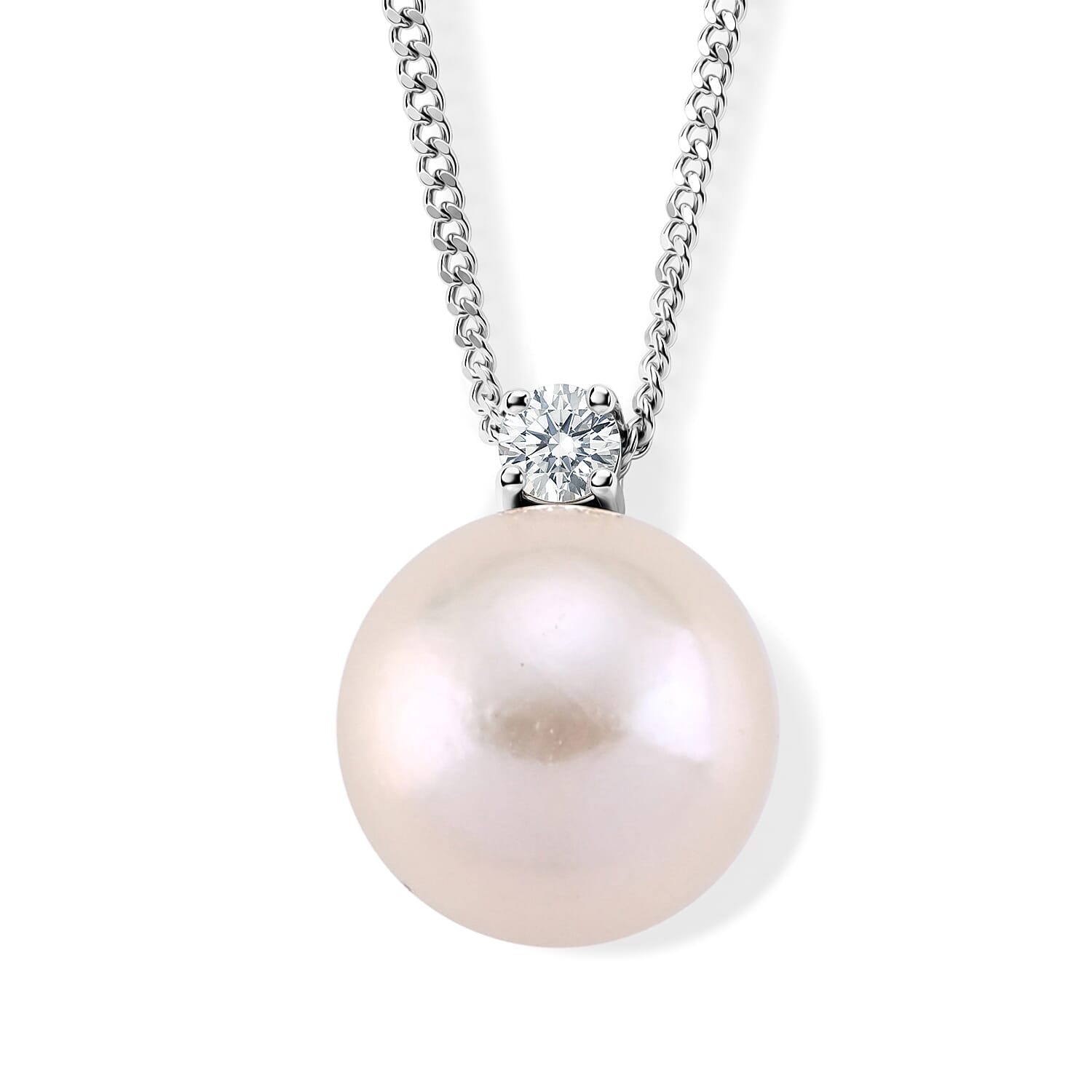D'Joy - Premium White Edison Pearl (10-11mm) & Lab Grown Diamond Ball Drop Pendant with Chain (Size 18) in Rhodium Overlay Sterling Silver 8.56 Ct.