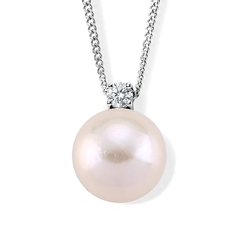 D'Joy - Premium White Edison Pearl (10-11mm) & Lab Grown Diamond Ball Drop Pendant with Chain (Size 18) in Rhodium Overlay Sterling Silver 8.56 Ct.