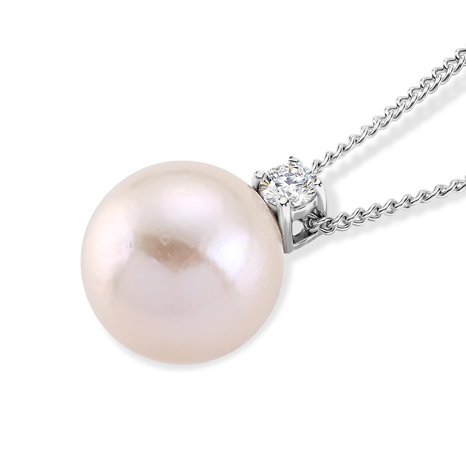 D'Joy - Premium White Edison Pearl (10-11mm) & Lab Grown Diamond Ball Drop Pendant with Chain (Size 18) in Rhodium Overlay Sterling Silver 8.56 Ct.