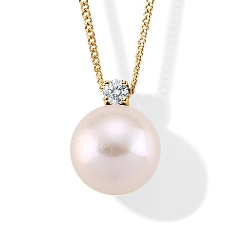 D'Joy - Premium White Edison Pearl (10-11mm) & Lab Grown Diamond Ball Drop Pendant with Chain (Size 18) in Yellow Gold Plated Sterling Silver 8.56 Ct.