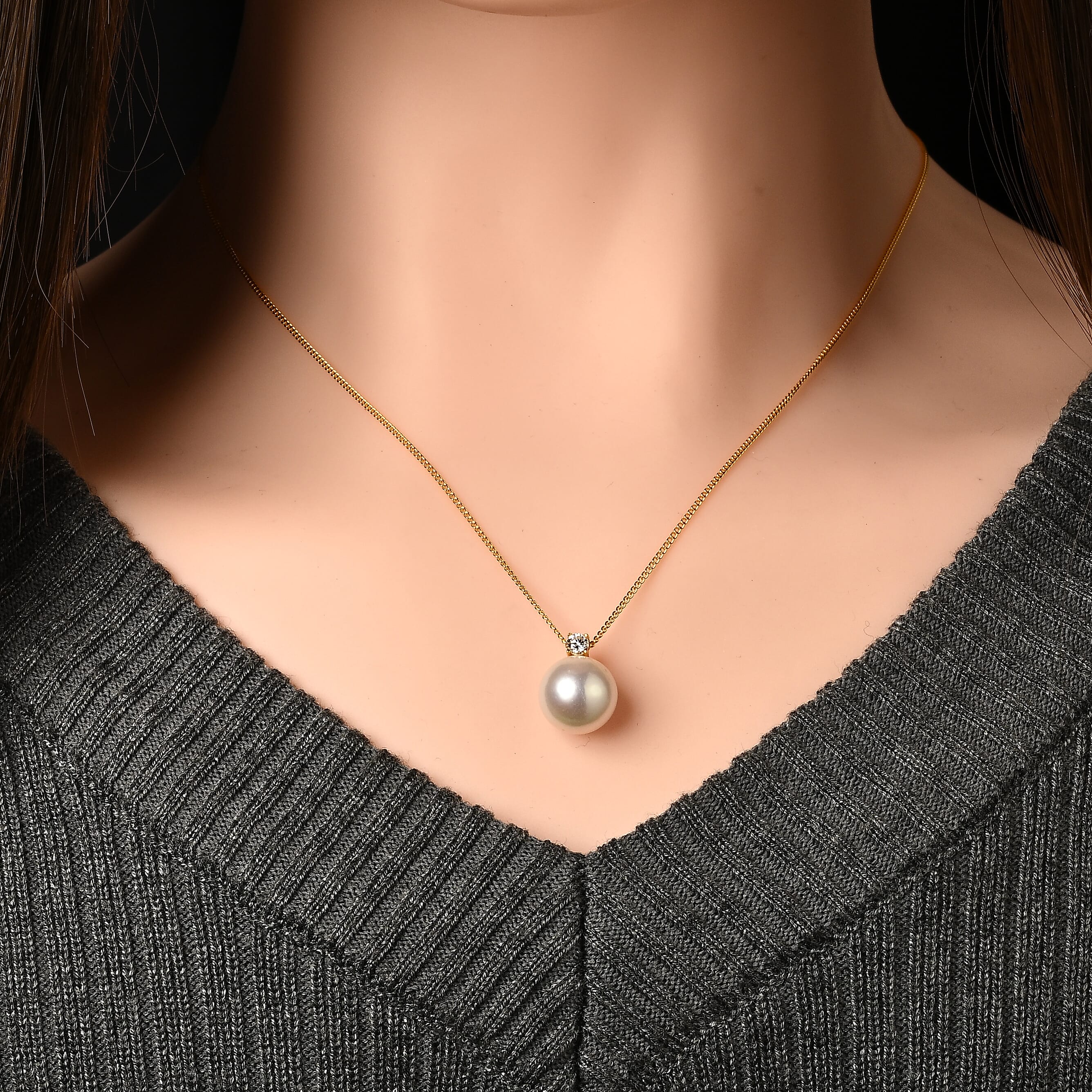 D'Joy - Premium White Edison Pearl (10-11mm) & Lab Grown Diamond Ball Drop Pendant with Chain (Size 18) in Yellow Gold Plated Sterling Silver 8.56 Ct.