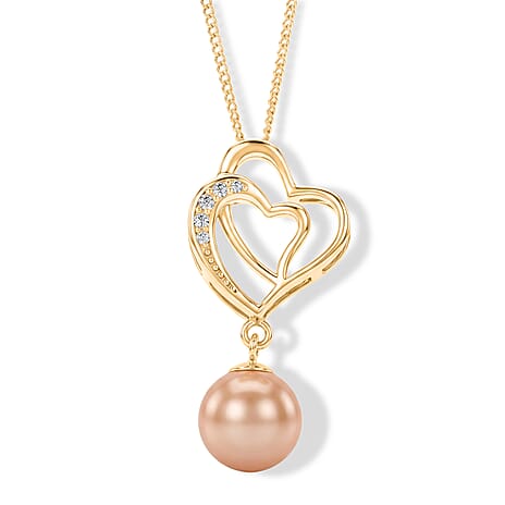 D'Joy - Premium Peach Edison (9-10mm) & White Zircon Ball Drop Heart Pendant with Chain (Size 18) in Yellow Gold Plated Sterling Silver 6.00 Ct.