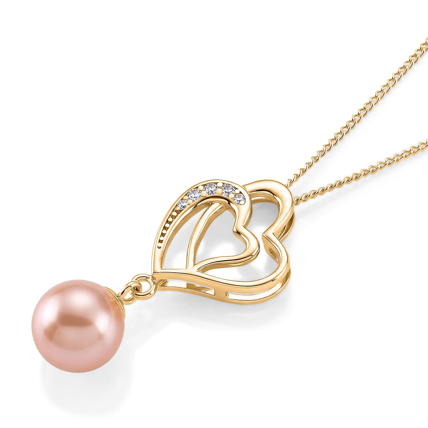 D'Joy - Premium Peach Edison (9-10mm) & White Zircon Ball Drop Heart Pendant with Chain (Size 18) in Yellow Gold Plated Sterling Silver 6.00 Ct.