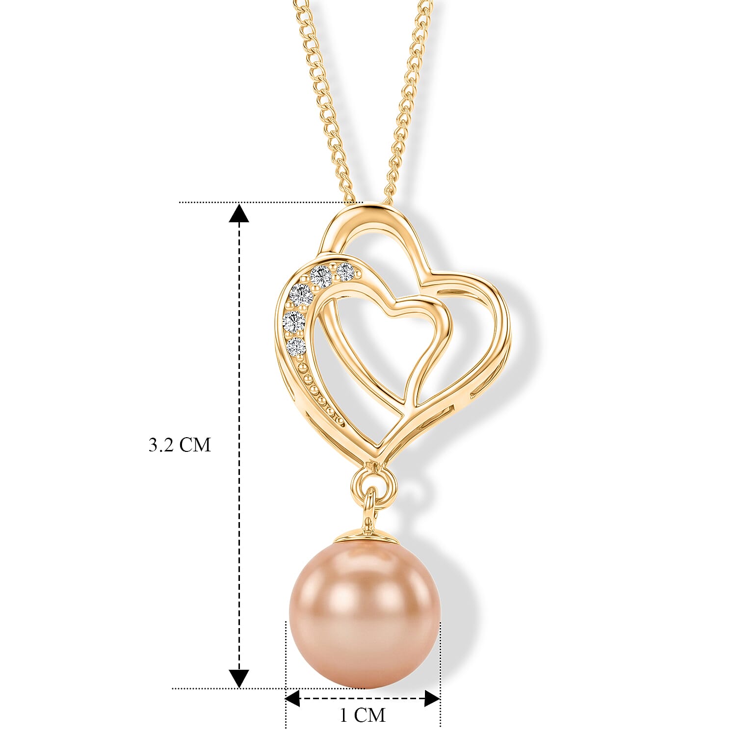 D'Joy - Premium Peach Edison (9-10mm) & White Zircon Ball Drop Heart Pendant with Chain (Size 18) in Yellow Gold Plated Sterling Silver 6.00 Ct.