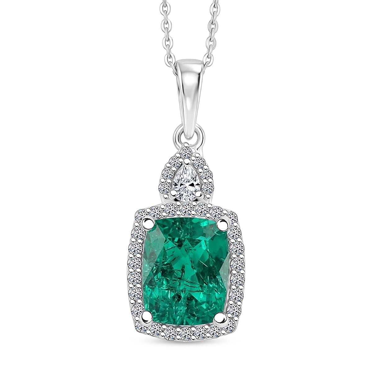 Luxuriant - AAA Lab Grown Colombian Emerald & Lab Grown Diamond (SI-G-H) Halo Pendant with Chain (Size 20) in Rhodium Overlay Sterling Silver 3.37 Ct.