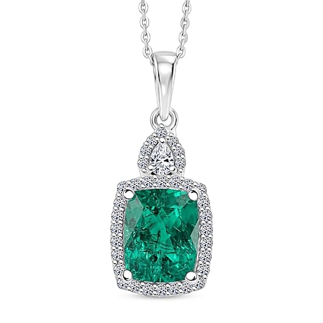Luxuriant - AAA Lab Grown Colombian Emerald & Lab Grown Diamond (SI-G-H) Halo Pendant with Chain (Size 20) in Rhodium Overlay Sterling Silver 3.37 Ct.