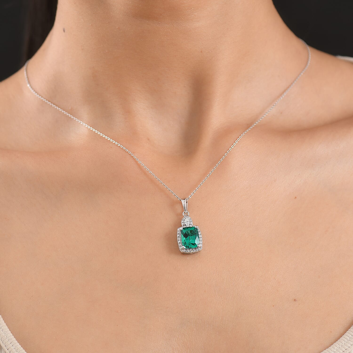 Luxuriant - AAA Lab Grown Colombian Emerald & Lab Grown Diamond (SI-G-H) Halo Pendant with Chain (Size 20) in Rhodium Overlay Sterling Silver 3.37 Ct.