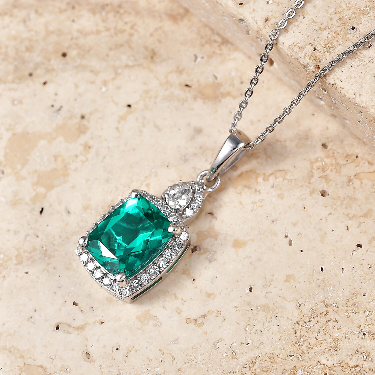 Luxuriant - AAA Lab Grown Colombian Emerald & Lab Grown Diamond (SI-G-H) Halo Pendant with Chain (Size 20) in Rhodium Overlay Sterling Silver 3.37 Ct.
