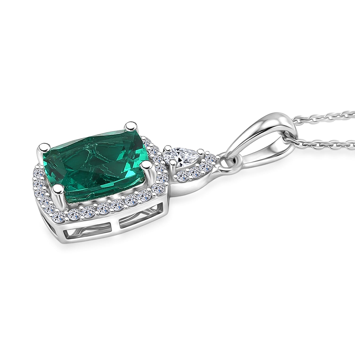 Luxuriant - AAA Lab Grown Colombian Emerald & Lab Grown Diamond (SI-G-H) Halo Pendant with Chain (Size 20) in Rhodium Overlay Sterling Silver 3.37 Ct.