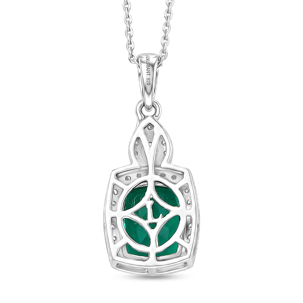 Luxuriant - AAA Lab Grown Colombian Emerald & Lab Grown Diamond (SI-G-H) Halo Pendant with Chain (Size 20) in Rhodium Overlay Sterling Silver 3.37 Ct.