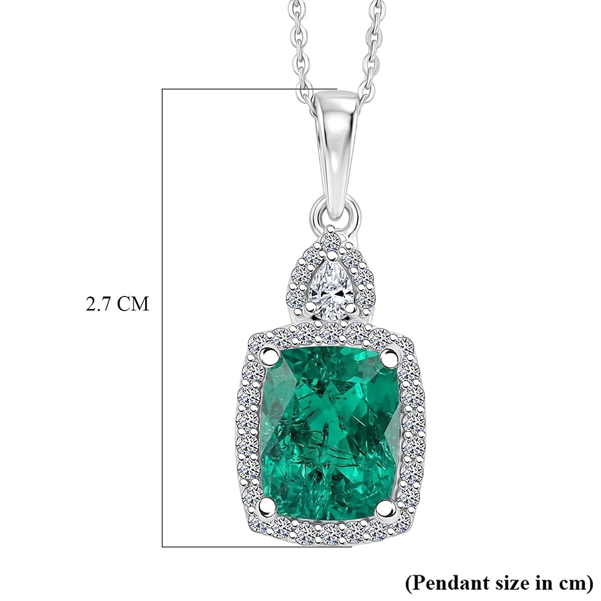 Luxuriant - AAA Lab Grown Colombian Emerald & Lab Grown Diamond (SI-G-H) Halo Pendant with Chain (Size 20) in Rhodium Overlay Sterling Silver 3.37 Ct.