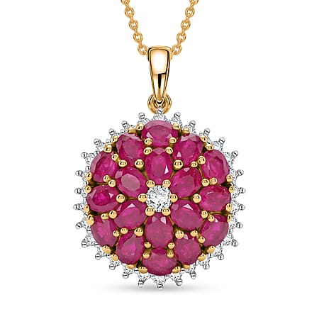 JARDIN COLLECTION - AAA African Ruby & Lab Grown Diamond (SI-G-H) Floral Pendant with Chain (Size 20) in 18K Vermeil Yellow Gold Plated Sterling Silver 5.70 Ct.