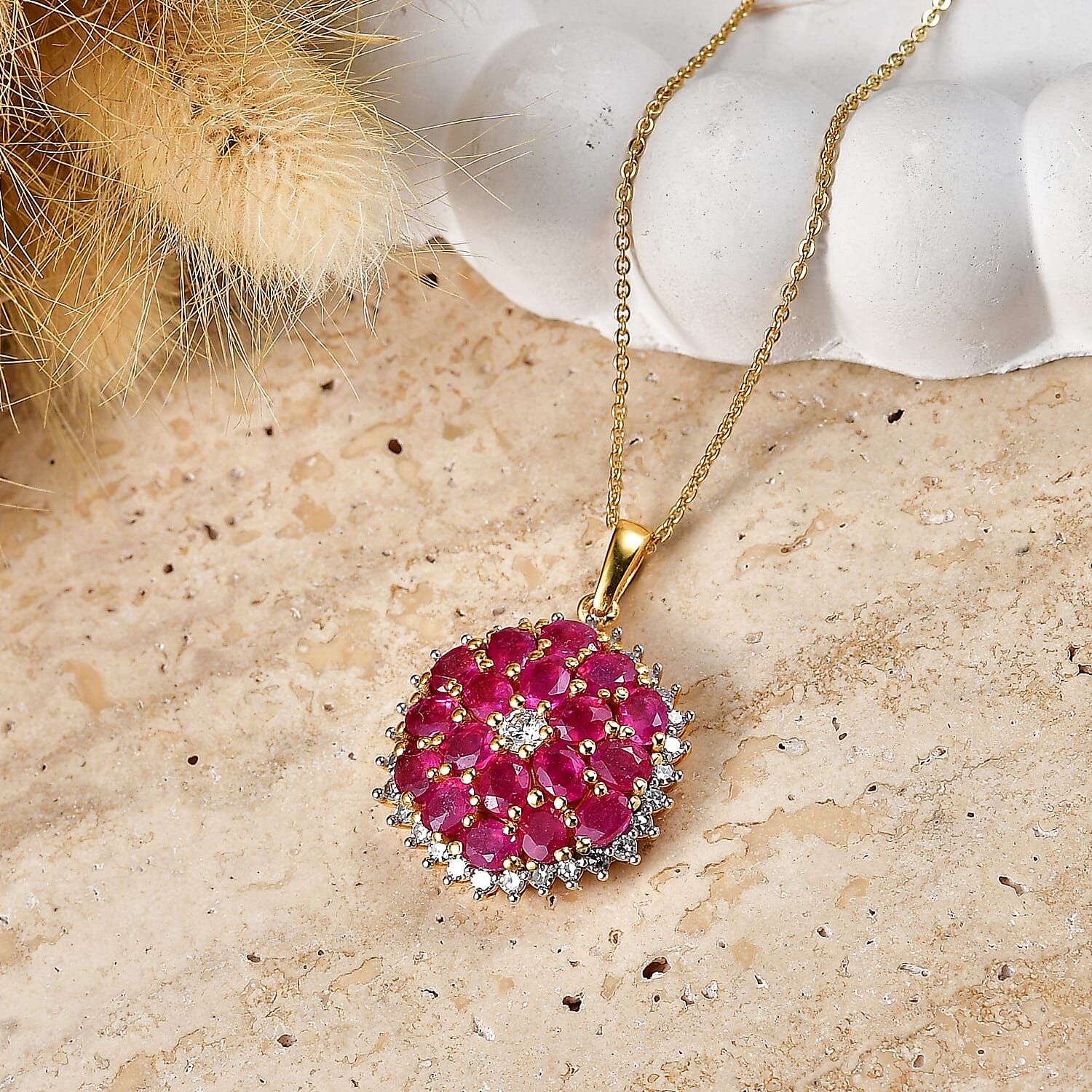 Luxuriant - African Ruby & Lab Grown Diamond (SI-G-H) Floral Pendant with Chain (Size 20) in 18K Vermeil Yellow Gold Plated Sterling Silver 5.70 Ct.