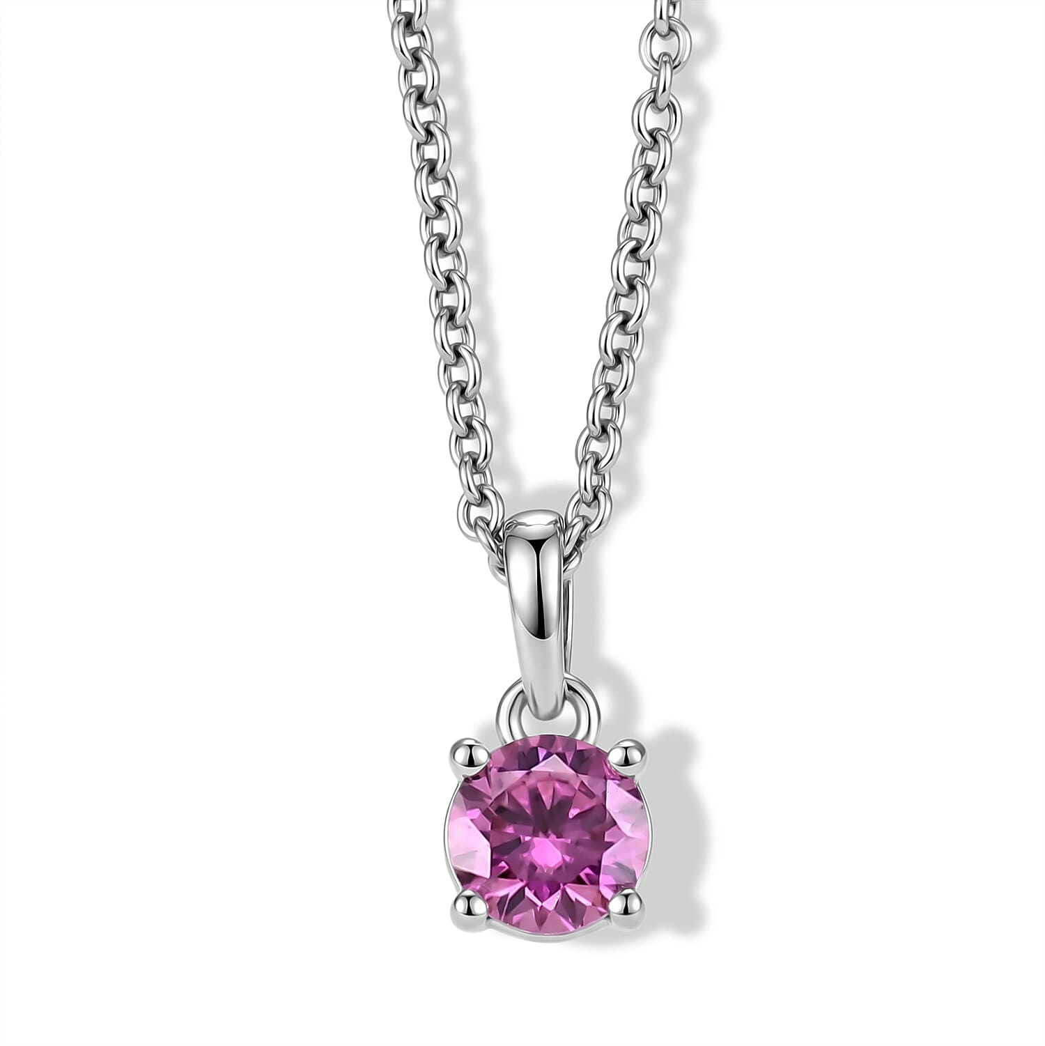 Pink Moissanite Solitaire Pendant in Rose Gold Plated Sterling Silver with Chain (Size 20)
