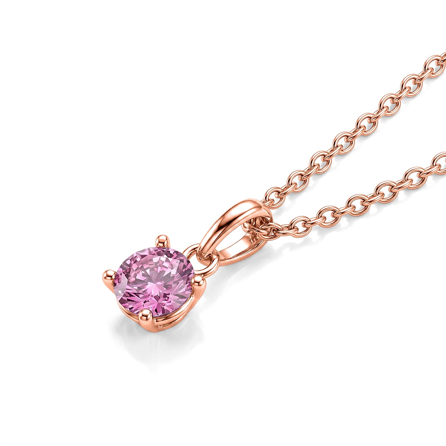 Pink Moissanite Solitaire Pendant in Rose Gold Plated Sterling Silver with Chain (Size 20)