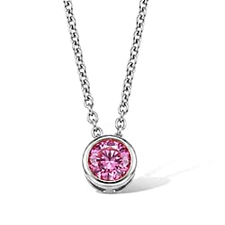 Pink Moissanite Bezel Solitaire Pendant in Rhodium Overlay Sterling Silver with Chain (Size 20)
