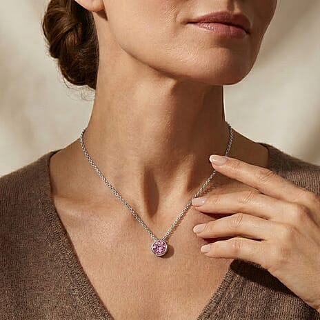 Pink Moissanite Solitaire Pendant in Rhodium Overlay Sterling Silver with Chain (Size 20)