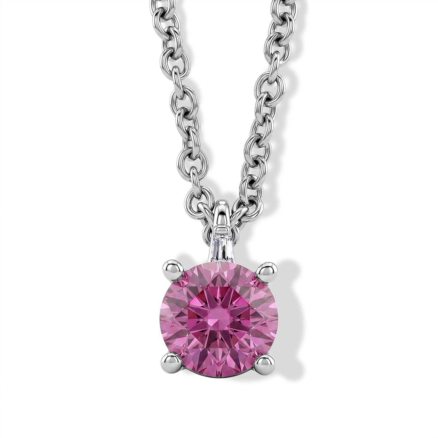 Pink Moissanite & Moissanite Solitaire Pendant in Rhodium Overlay Sterling Silver with Chain (Size 20)