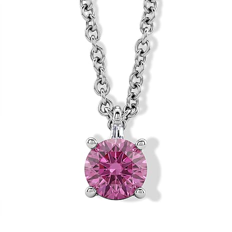 Pink Moissanite & Moissanite Solitaire Pendant in Rhodium Overlay Sterling Silver with Chain (Size 20)