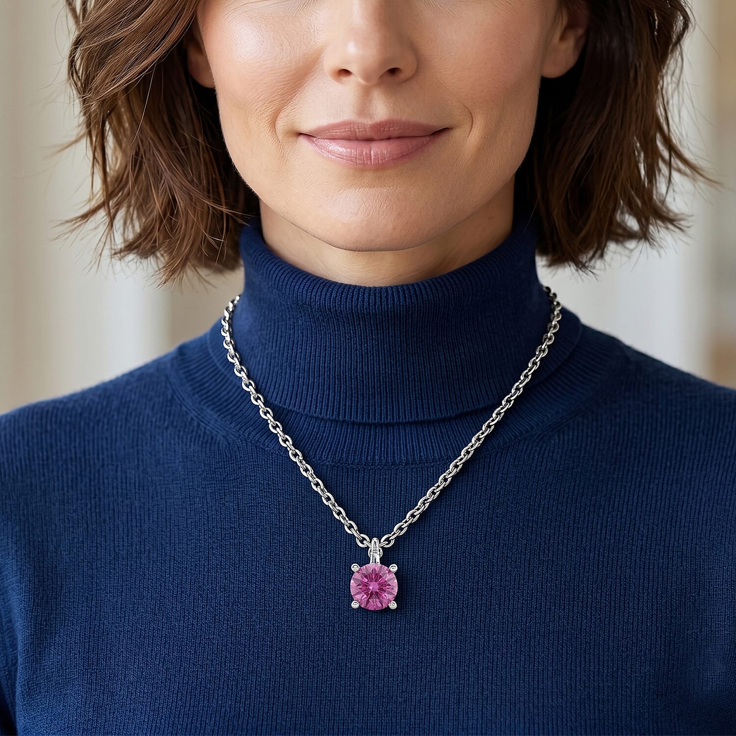 Pink Moissanite & Moissanite Solitaire Pendant in Rhodium Overlay Sterling Silver with Chain (Size 20)