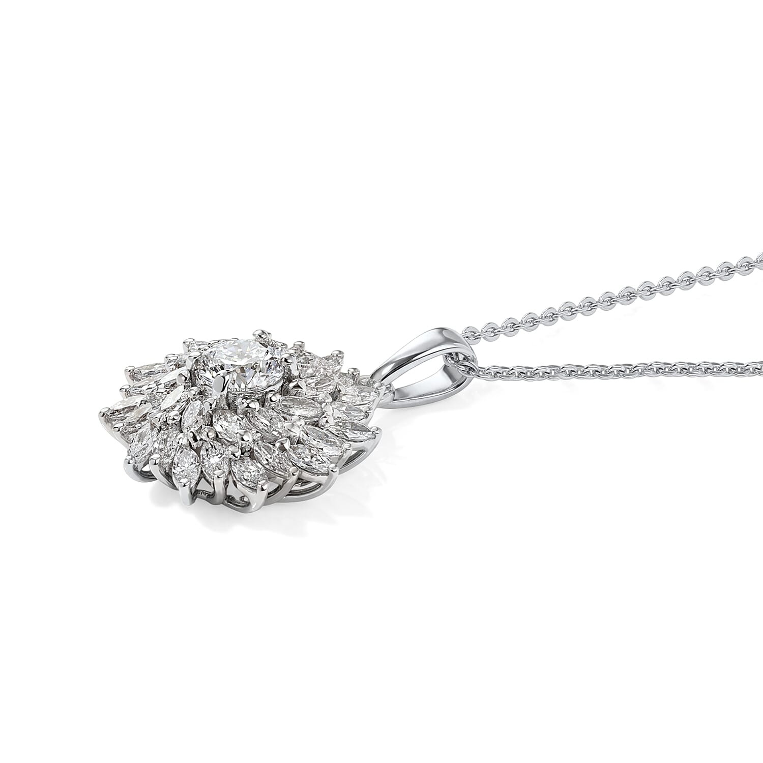 Luxuriant - Lab Grown Diamond (VS-E-F) Floral Design Pendant with Chain (Size 20) in Rhodium Overlay Sterling Silver 1.50 Ct.