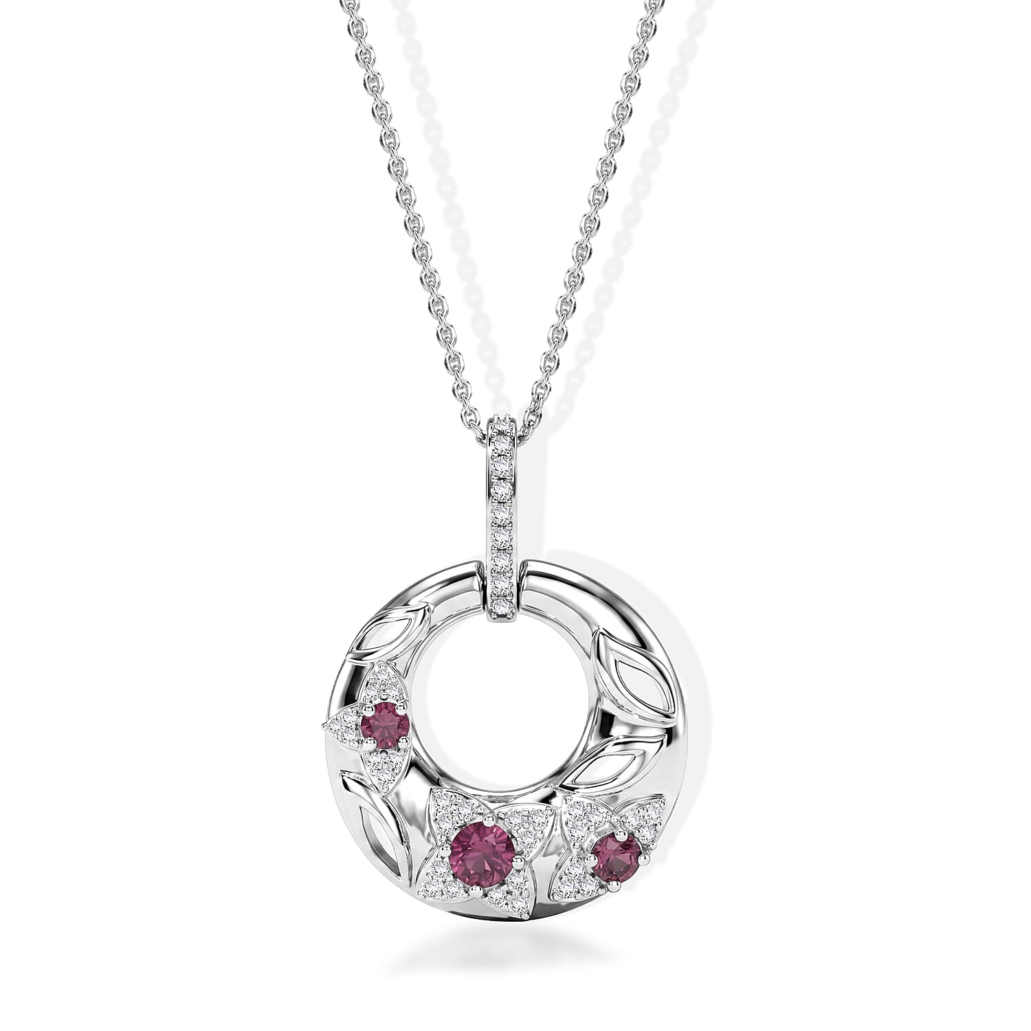 D'Joy - Radiant Ember Garnet & White Zircon Pendant with Chain (Size 20) in Rhodium Overlay Sterling Silver 0.88 Ct.