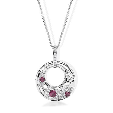 D'Joy - Radiant Ember Garnet & White Zircon Pendant with Chain (Size 20) in Rhodium Overlay Sterling Silver 0.88 Ct.