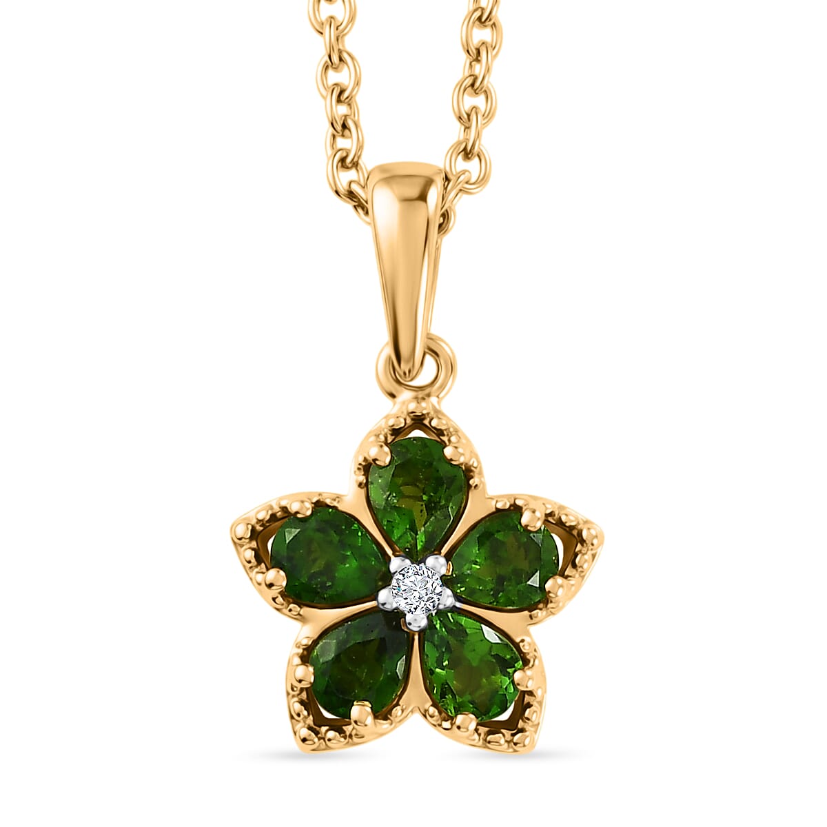 Luxuriant - Natural Chrome Diopside & Lab Grown Diamond (SI-G-H) Floral Drop Pendant in Yellow Gold Plated with Chain (Size 20) 0.85 Ct.