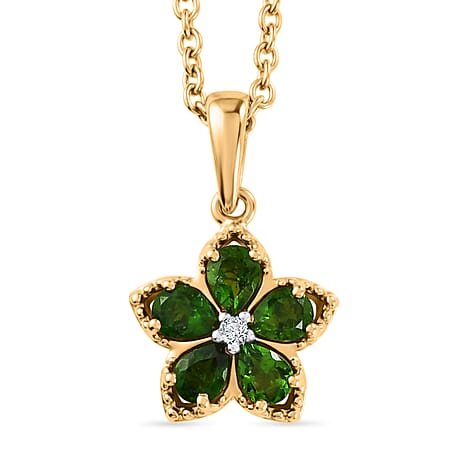 Luxuriant - Natural Chrome Diopside & Lab Grown Diamond (SI-G-H) Floral Drop Pendant in Yellow Gold Plated with Chain (Size 20) 0.85 Ct.
