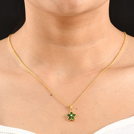 Luxuriant - Natural Chrome Diopside & Lab Grown Diamond (SI-G-H) Floral Drop Pendant in Yellow Gold Plated Sterling Silver with Chain (Size 20) 0.85 Ct.