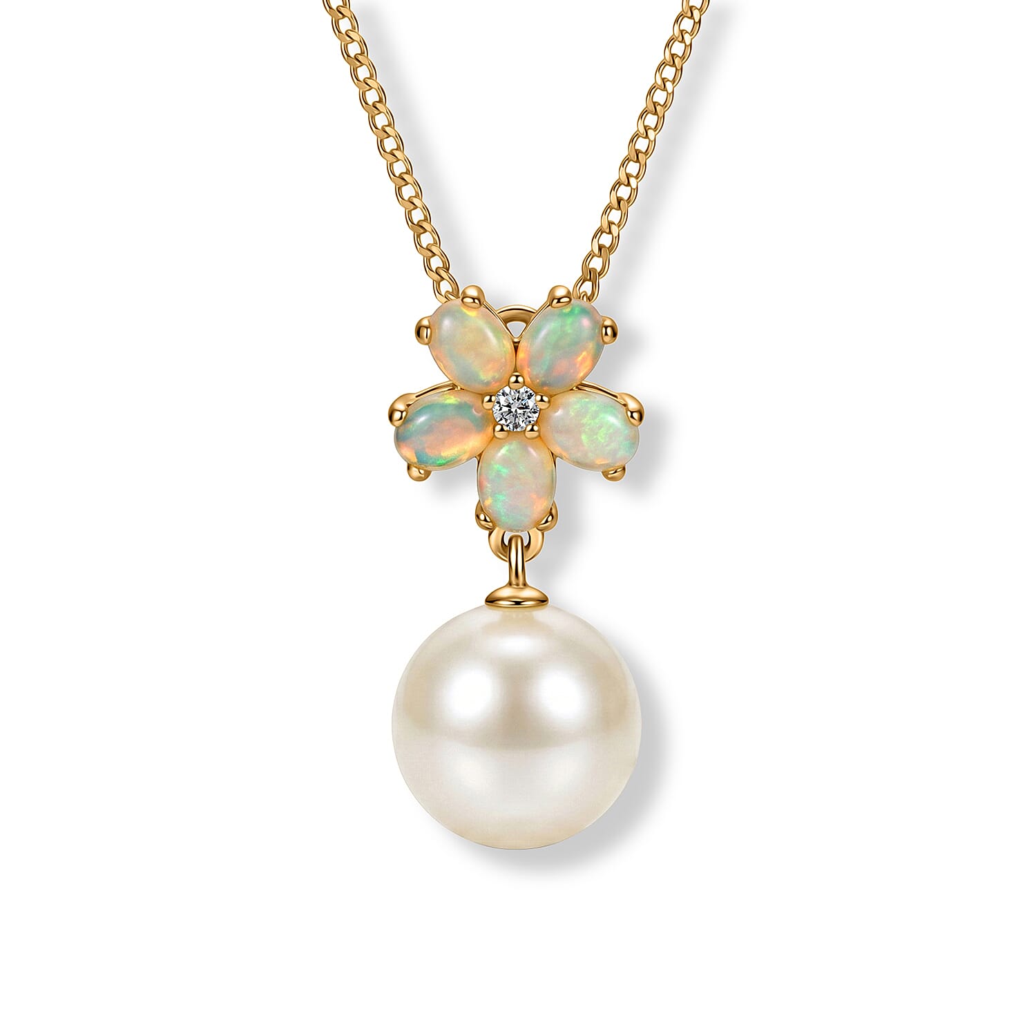 White Edison Pearl, Ethiopian Opal & White Zircon Drop Pendant with Chain (Size 18) in Yellow Gold Plated Sterling Silver 8.54 Ct.
