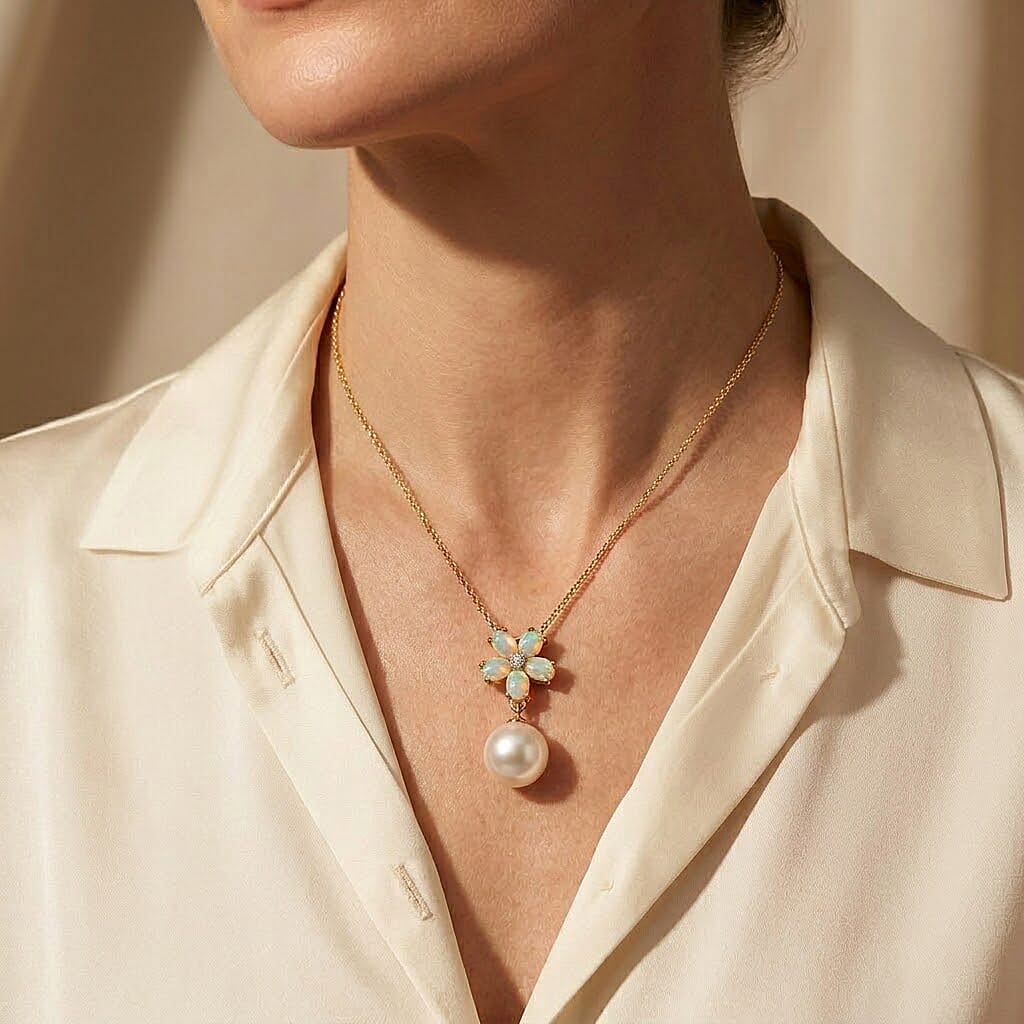 White Edison Pearl, Ethiopian Opal & White Zircon Drop Pendant with Chain (Size 18) in Yellow Gold Plated Sterling Silver 8.54 Ct.