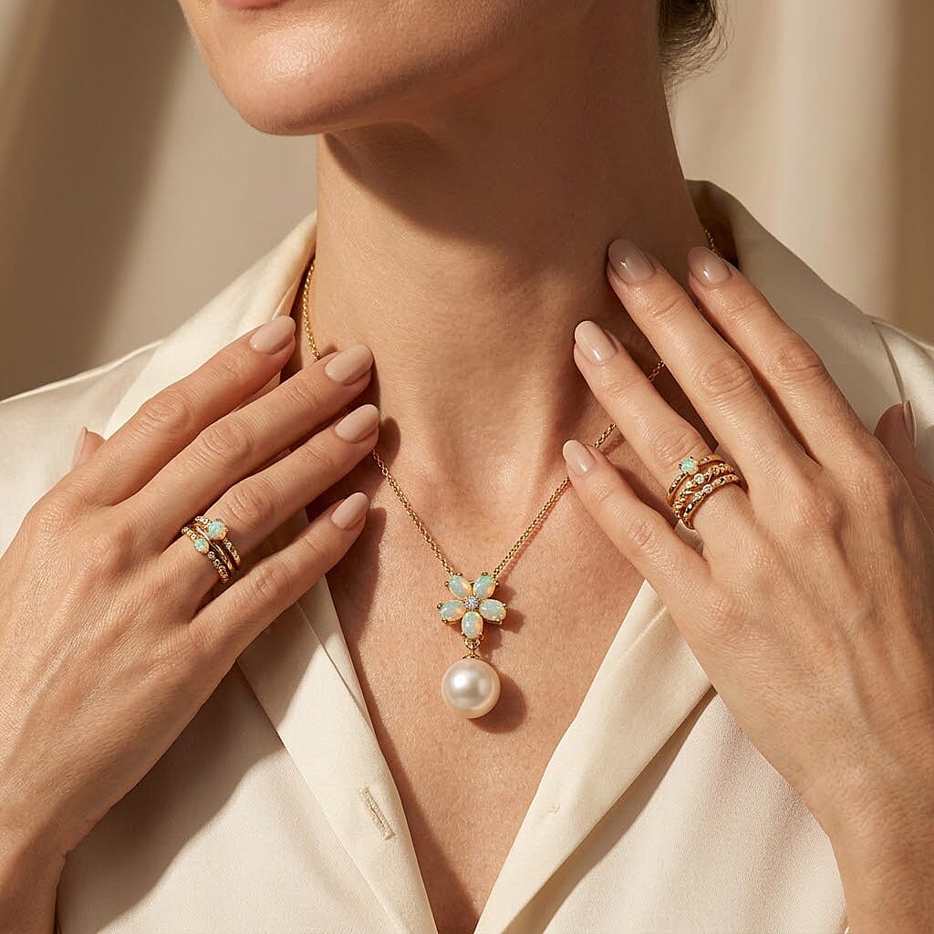 White Edison Pearl, Ethiopian Opal & White Zircon Drop Pendant with Chain (Size 18) in Yellow Gold Plated Sterling Silver 8.54 Ct.