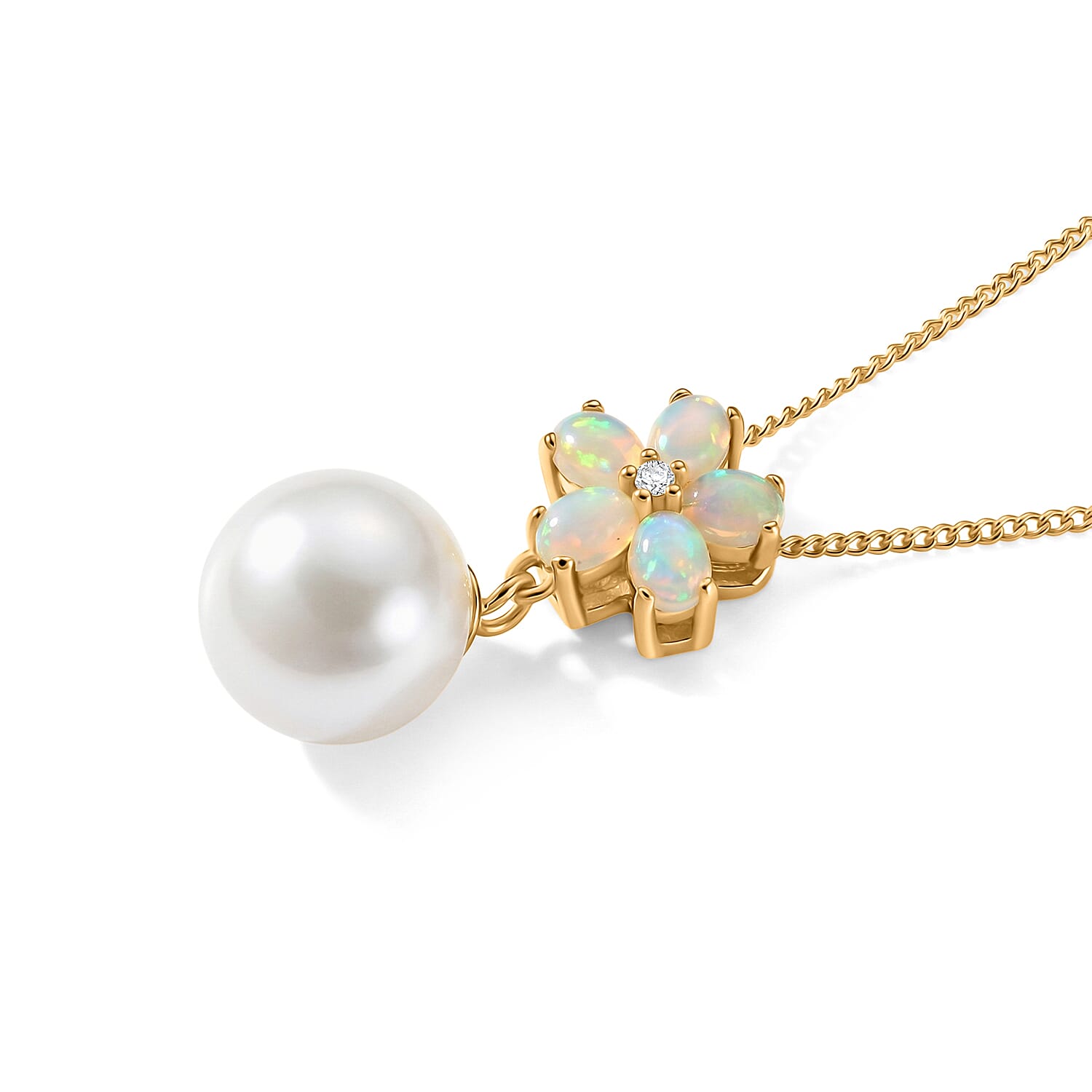 White Edison Pearl, Ethiopian Opal & White Zircon Drop Pendant with Chain (Size 18) in Yellow Gold Plated Sterling Silver 8.54 Ct.