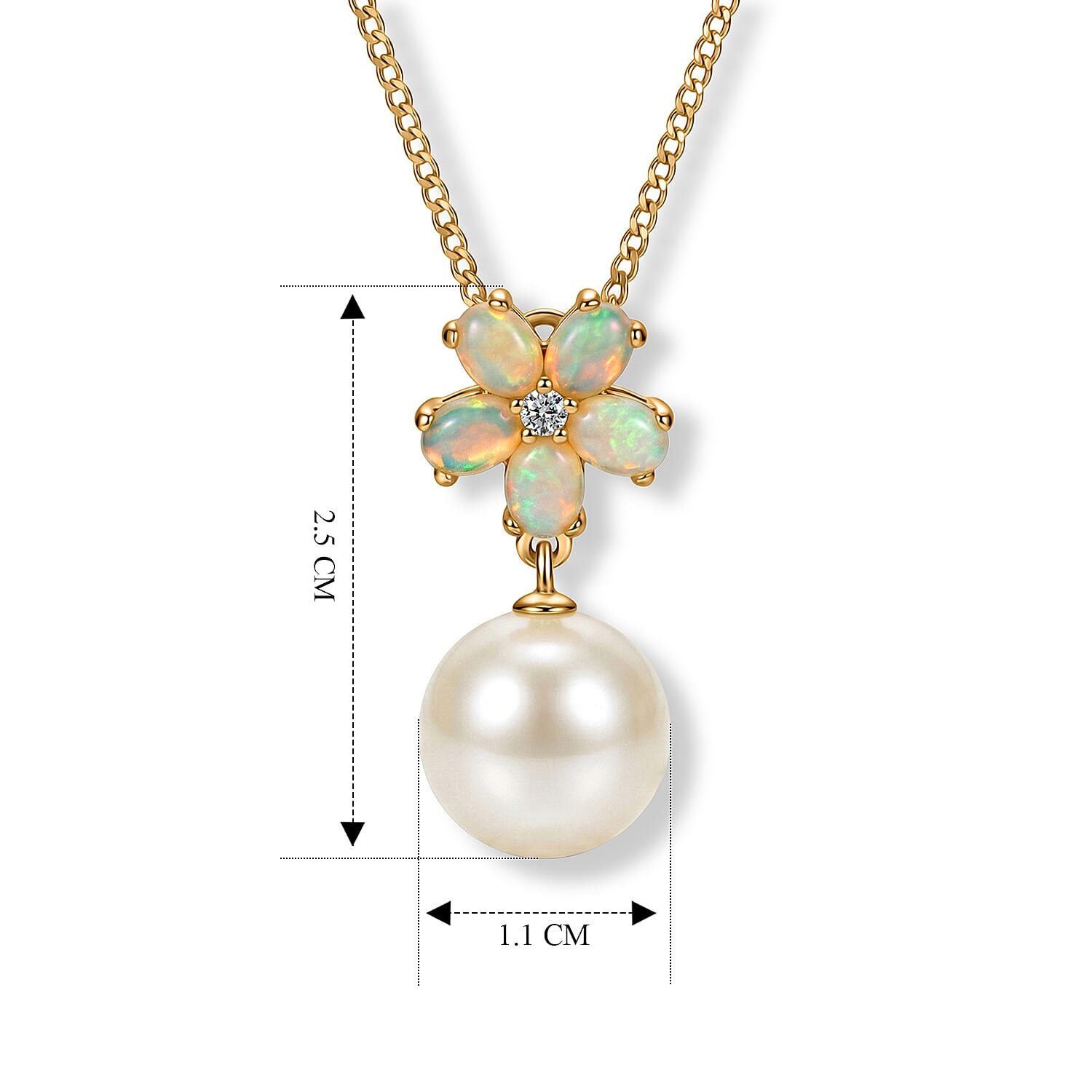 White Edison Pearl, Ethiopian Opal & White Zircon Drop Pendant with Chain (Size 18) in Yellow Gold Plated Sterling Silver 8.54 Ct.