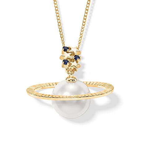 D'Joy - Premium White Edison Pearl (10-11mm) & Blue Sapphire Celestial Pendant with Chain (Size 18) in Yellow Gold Plated Sterling Silver 7.58 Ct.