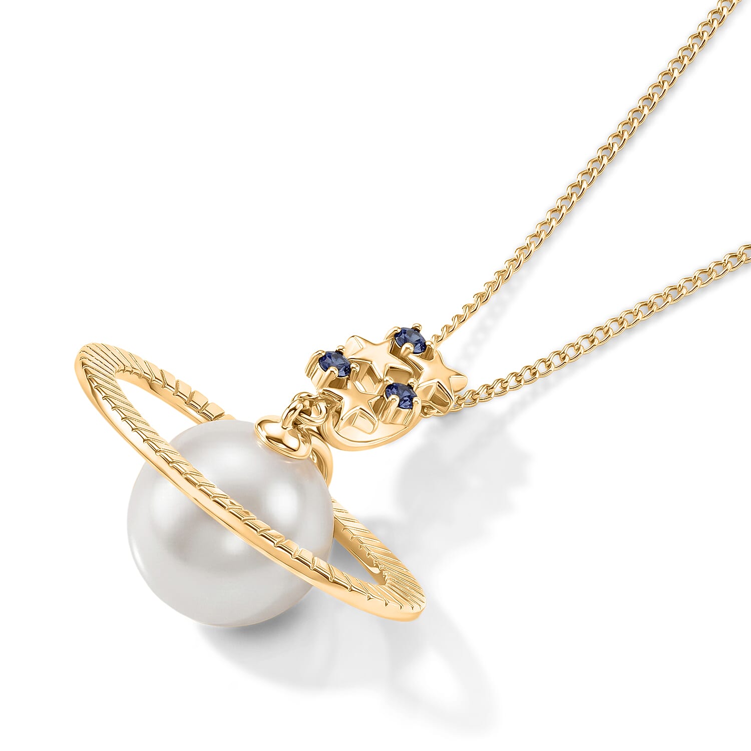 D'Joy - Premium White Edison Pearl (10-11mm) & Blue Sapphire Celestial Pendant with Chain (Size 18) in Yellow Gold Plated Sterling Silver 7.58 Ct.